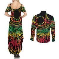 Cook Islands 15 Stars Couples Matching Summer Maxi Dress and Long Sleeve Button Shirt Kuki Airani Polynesian Tribal Wave Tattoo