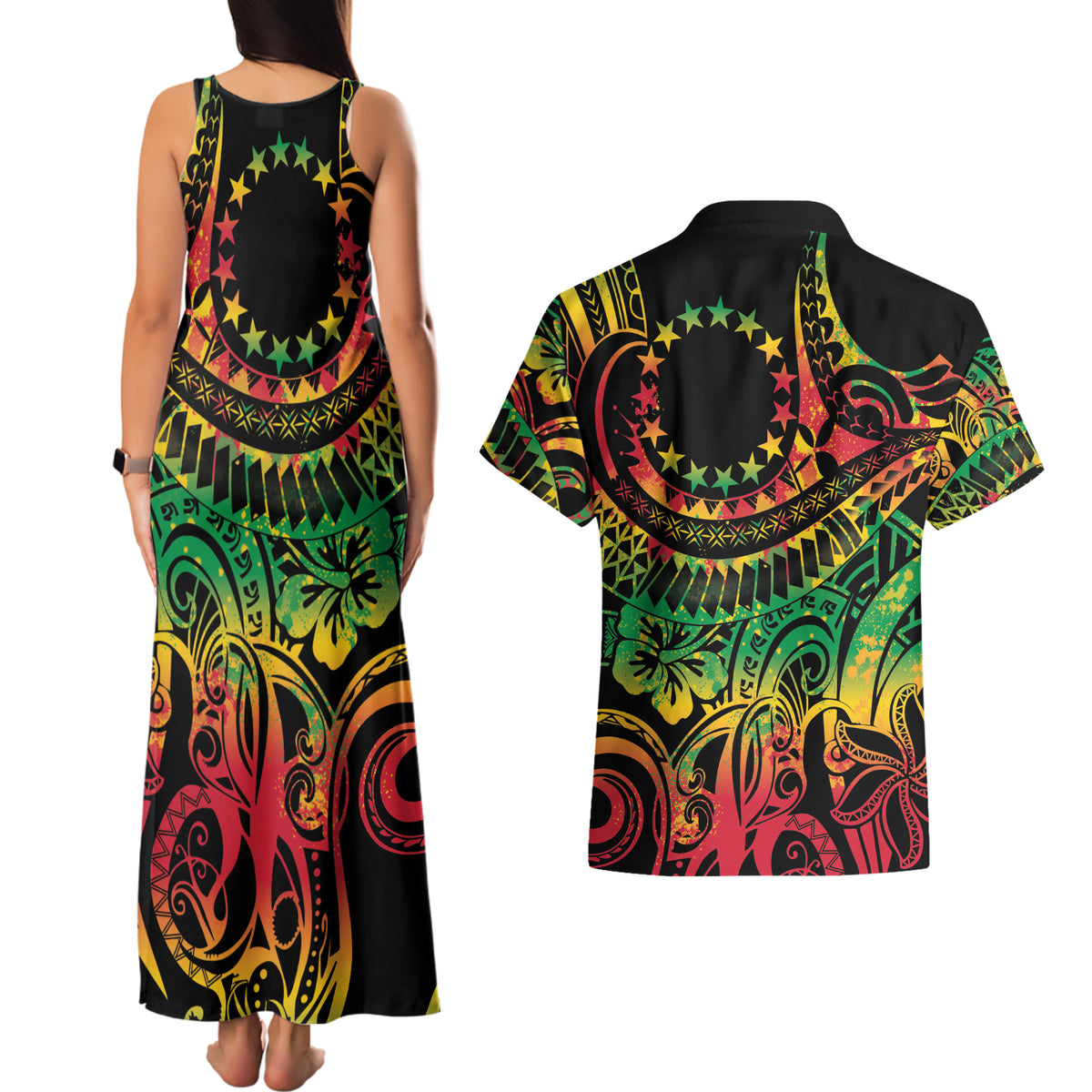 Cook Islands 15 Stars Couples Matching Tank Maxi Dress and Hawaiian Shirt Kuki Airani Polynesian Tribal Wave Tattoo