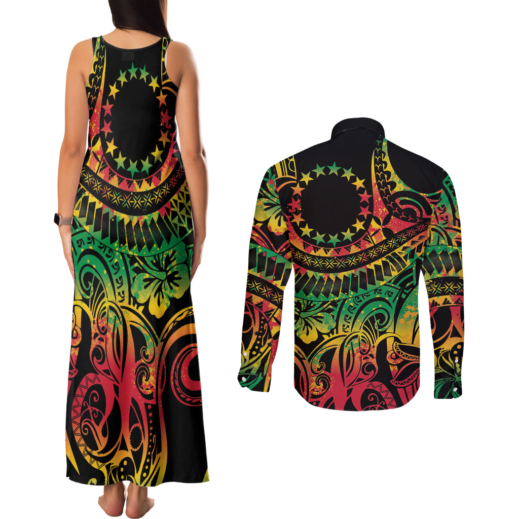 Cook Islands 15 Stars Couples Matching Tank Maxi Dress and Long Sleeve Button Shirt Kuki Airani Polynesian Tribal Wave Tattoo
