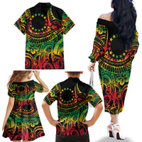 Cook Islands 15 Stars Family Matching Off The Shoulder Long Sleeve Dress and Hawaiian Shirt Kuki Airani Polynesian Tribal Wave Tattoo