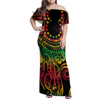 Cook Islands 15 Stars Family Matching Off Shoulder Maxi Dress and Hawaiian Shirt Kuki Airani Polynesian Tribal Wave Tattoo