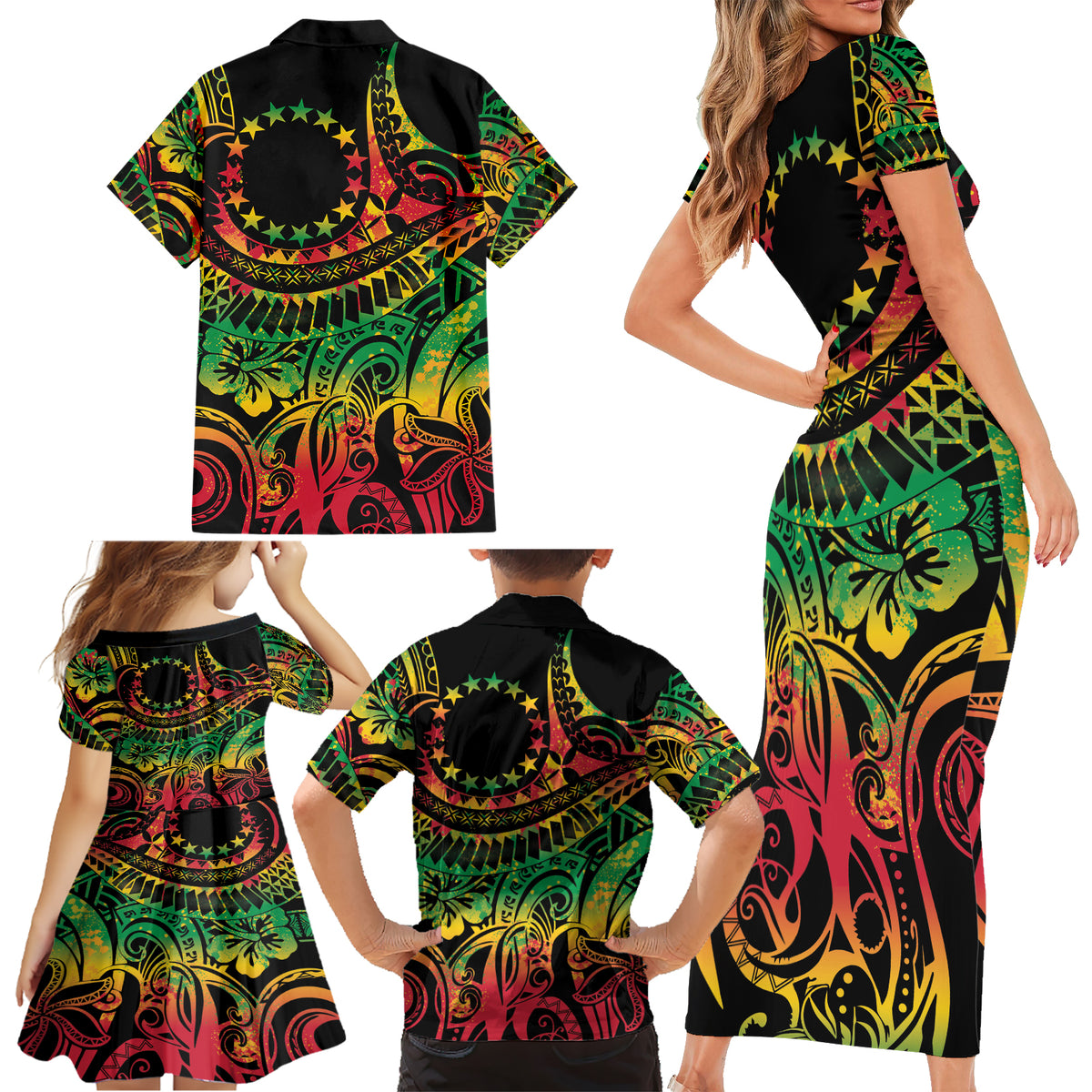 Cook Islands 15 Stars Family Matching Short Sleeve Bodycon Dress and Hawaiian Shirt Kuki Airani Polynesian Tribal Wave Tattoo