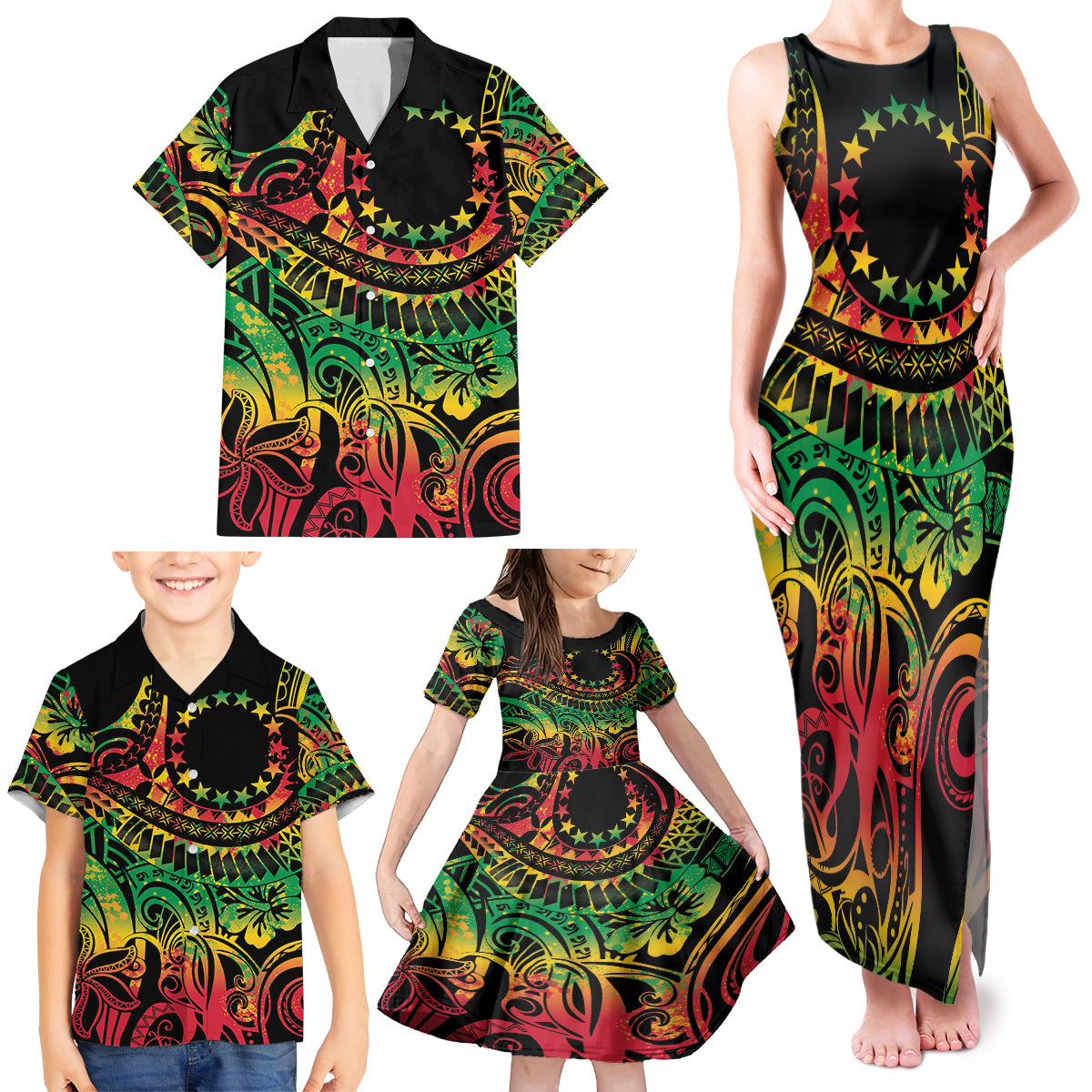 Cook Islands 15 Stars Family Matching Tank Maxi Dress and Hawaiian Shirt Kuki Airani Polynesian Tribal Wave Tattoo