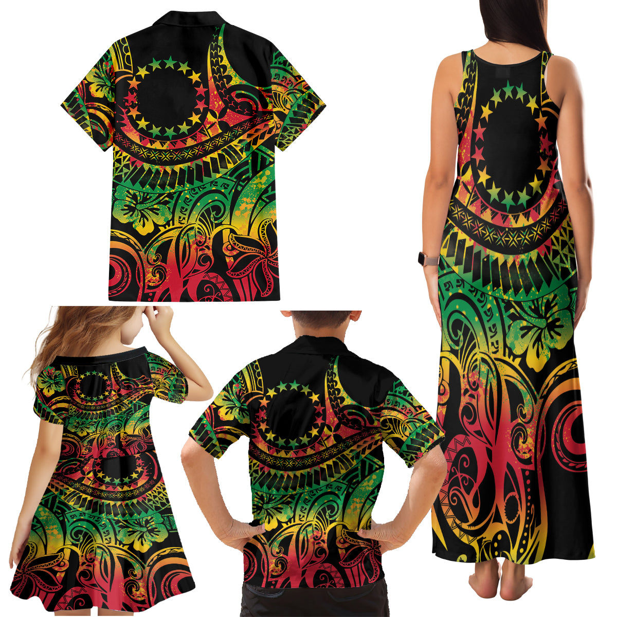 Cook Islands 15 Stars Family Matching Tank Maxi Dress and Hawaiian Shirt Kuki Airani Polynesian Tribal Wave Tattoo