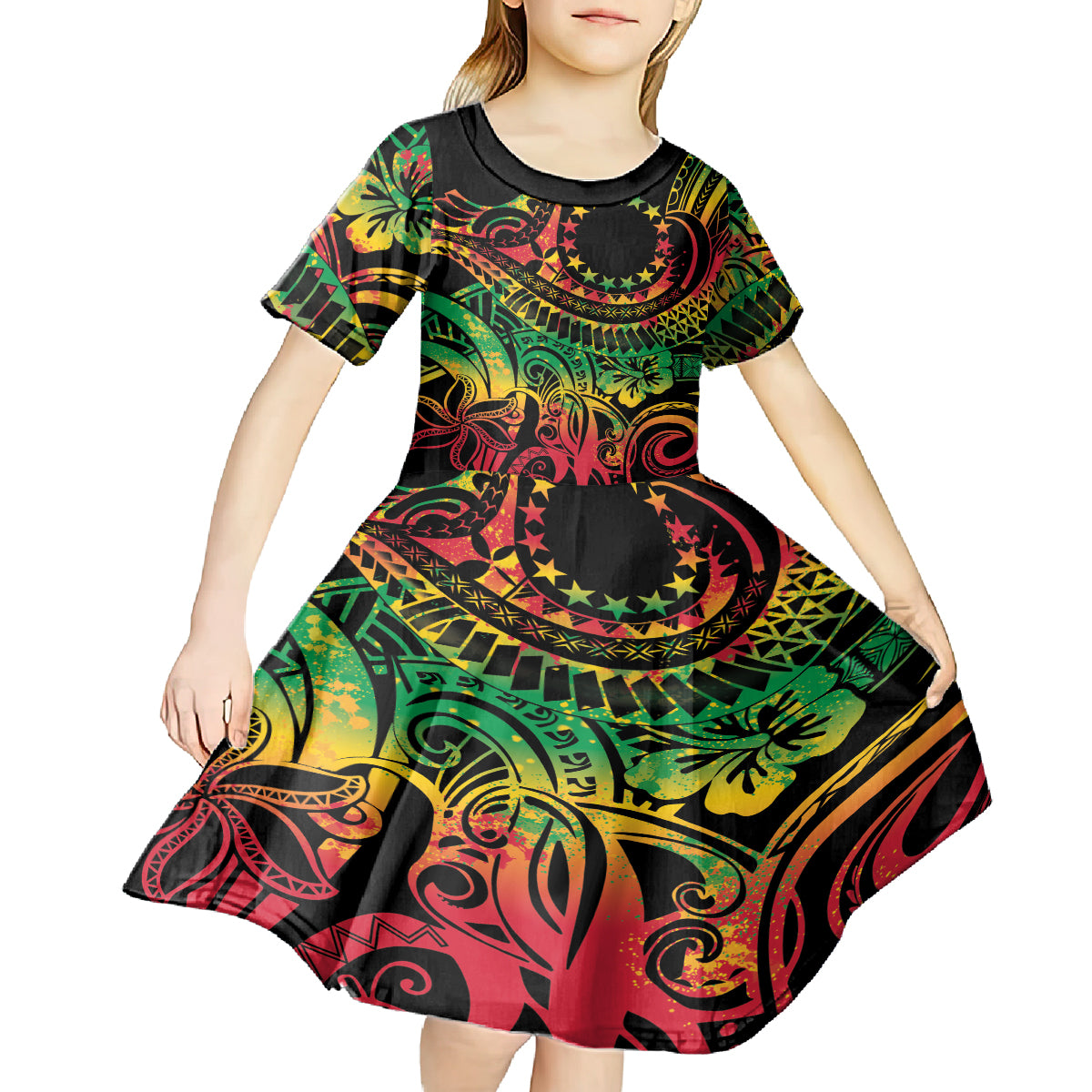 Cook Islands 15 Stars Kid Short Sleeve Dress Kuki Airani Polynesian Tribal Wave Tattoo