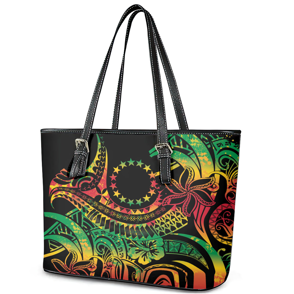 Cook Islands 15 Stars Leather Tote Bag Kuki Airani Polynesian Tribal Wave Tattoo