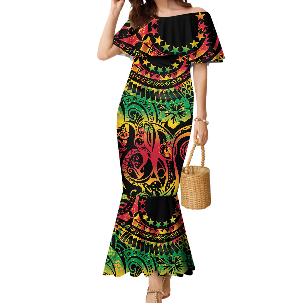 Cook Islands 15 Stars Mermaid Dress Kuki Airani Polynesian Tribal Wave Tattoo