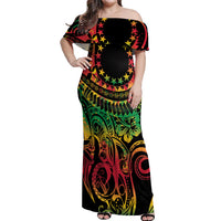 Cook Islands 15 Stars Off Shoulder Maxi Dress Kuki Airani Polynesian Tribal Wave Tattoo