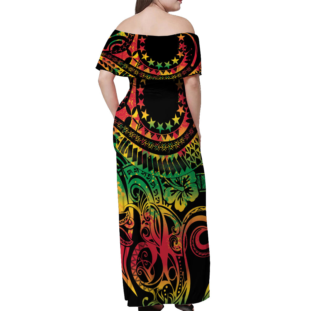 Cook Islands 15 Stars Off Shoulder Maxi Dress Kuki Airani Polynesian Tribal Wave Tattoo