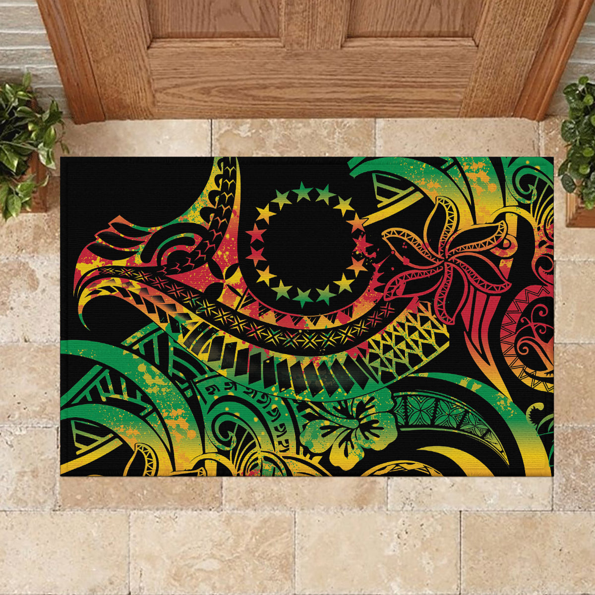 Cook Islands 15 Stars Rubber Doormat Kuki Airani Polynesian Tribal Wave Tattoo
