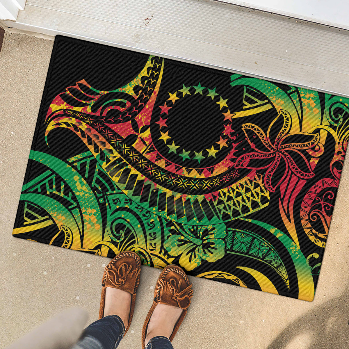 Cook Islands 15 Stars Rubber Doormat Kuki Airani Polynesian Tribal Wave Tattoo