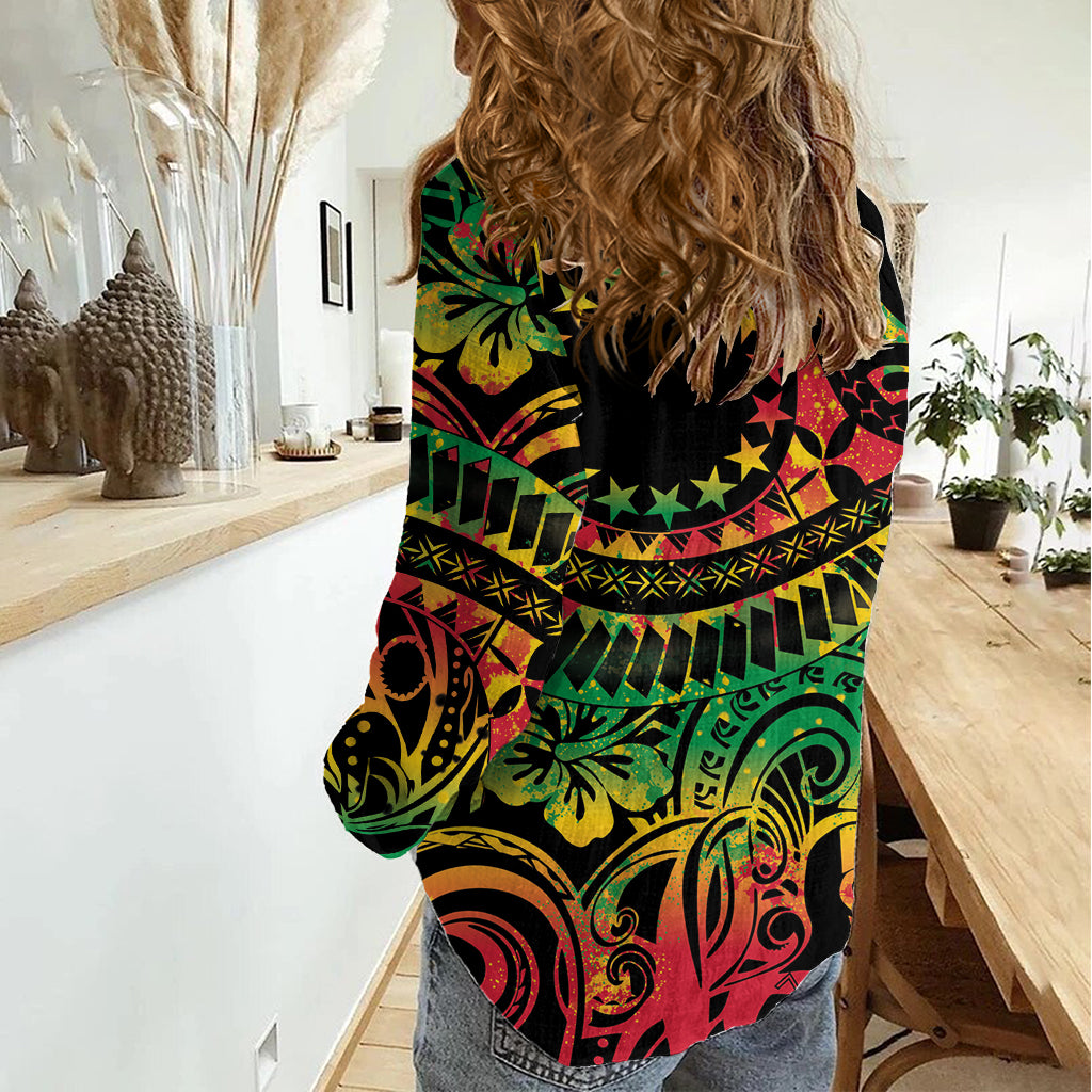 Cook Islands 15 Stars Women Casual Shirt Kuki Airani Polynesian Tribal Wave Tattoo