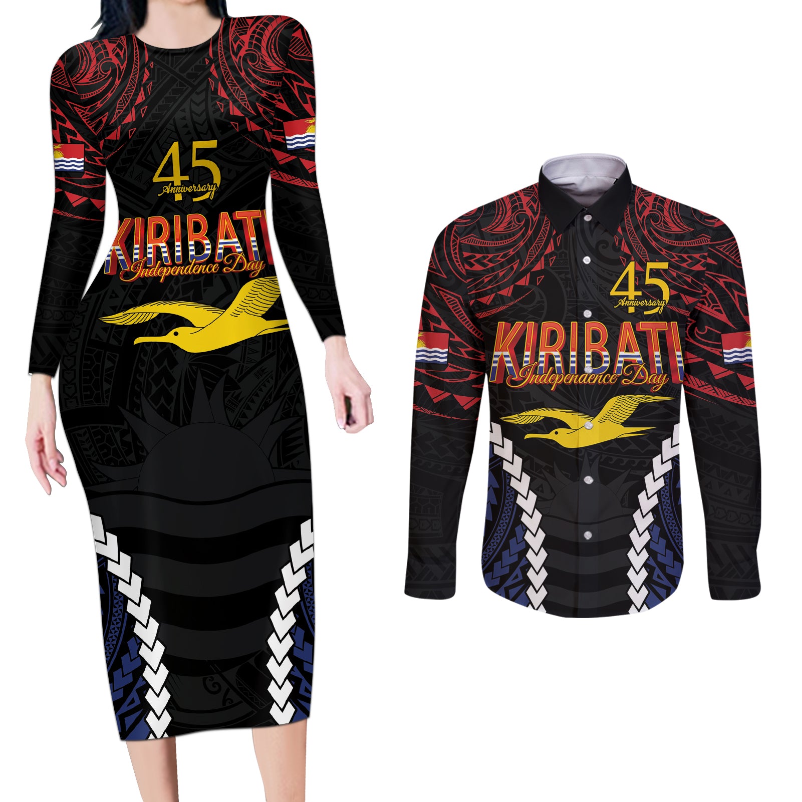 Kiribati 45th Anniversary Independence Day Couples Matching Long Sleeve Bodycon Dress and Long Sleeve Button Shirt Since 1979