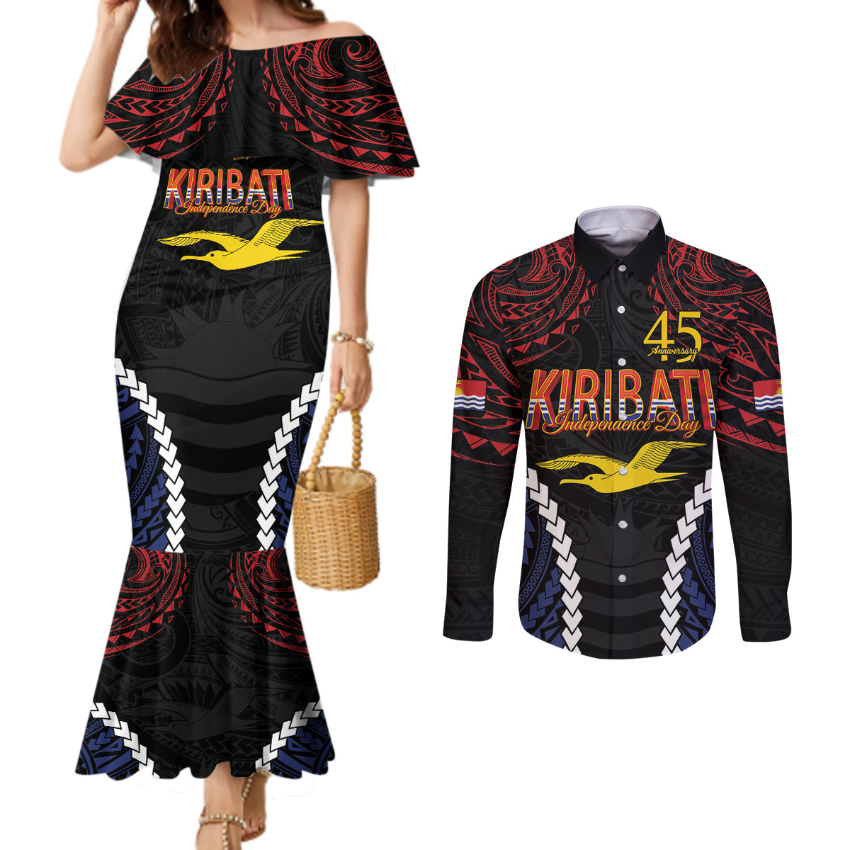 Kiribati 45th Anniversary Independence Day Couples Matching Mermaid Dress and Long Sleeve Button Shirt Since 1979