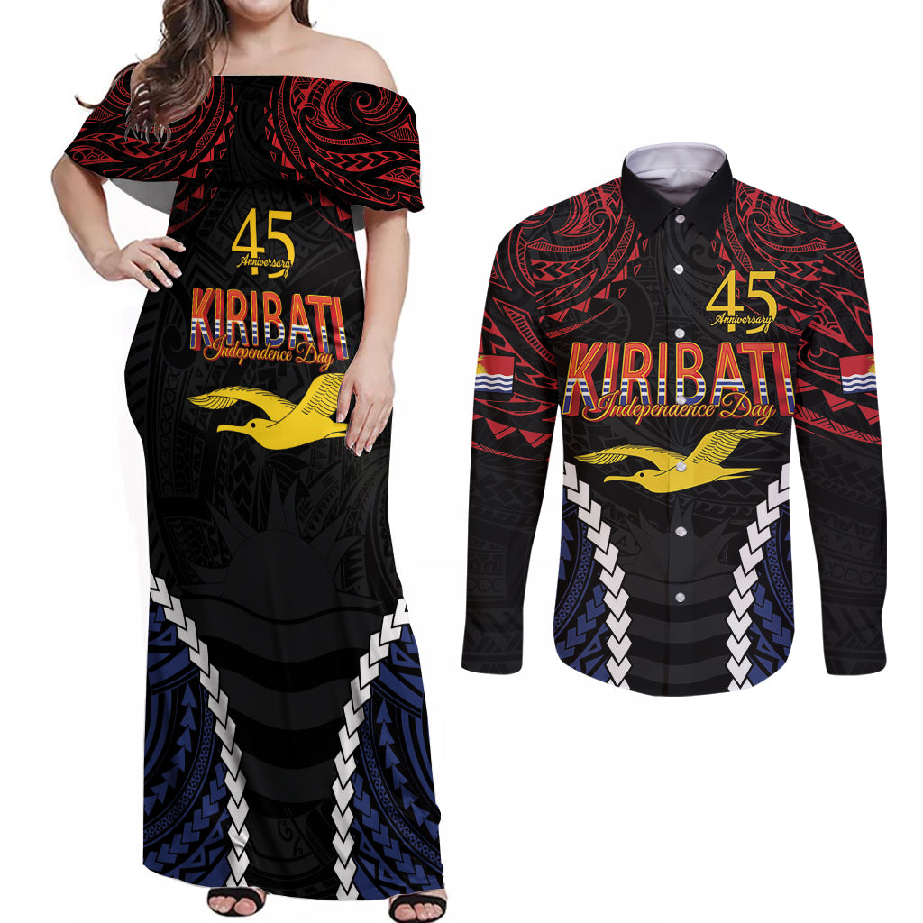 Kiribati 45th Anniversary Independence Day Couples Matching Off Shoulder Maxi Dress and Long Sleeve Button Shirt Since 1979