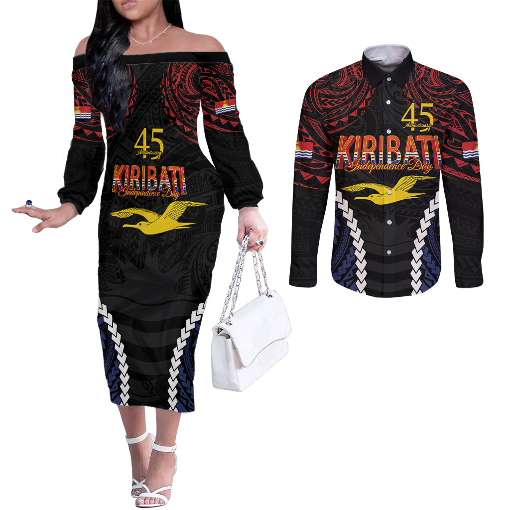 Kiribati 45th Anniversary Independence Day Couples Matching Off The Shoulder Long Sleeve Dress and Long Sleeve Button Shirt Since 1979