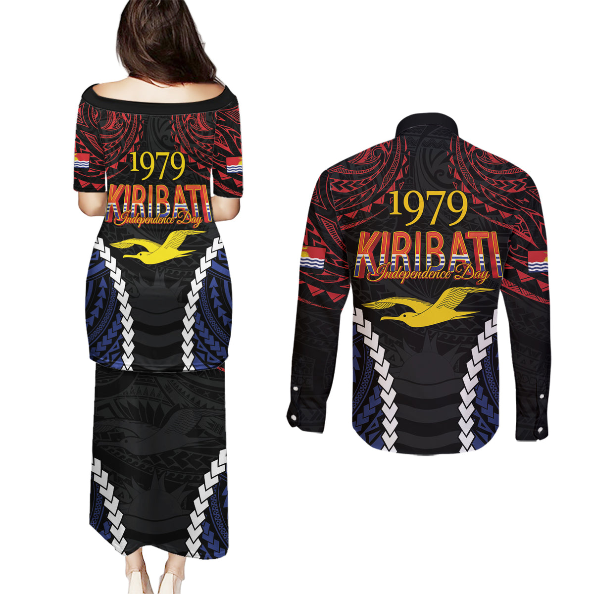 Kiribati 45th Anniversary Independence Day Couples Matching Puletasi and Long Sleeve Button Shirt Since 1979