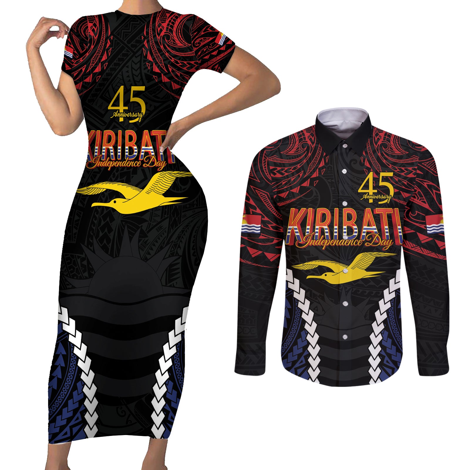 Kiribati 45th Anniversary Independence Day Couples Matching Short Sleeve Bodycon Dress and Long Sleeve Button Shirt Since 1979