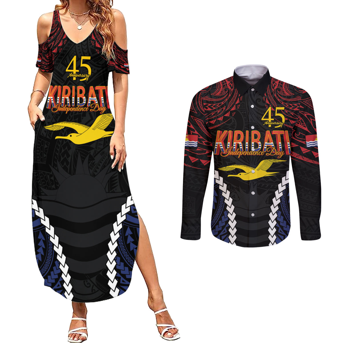 Kiribati 45th Anniversary Independence Day Couples Matching Summer Maxi Dress and Long Sleeve Button Shirt Since 1979