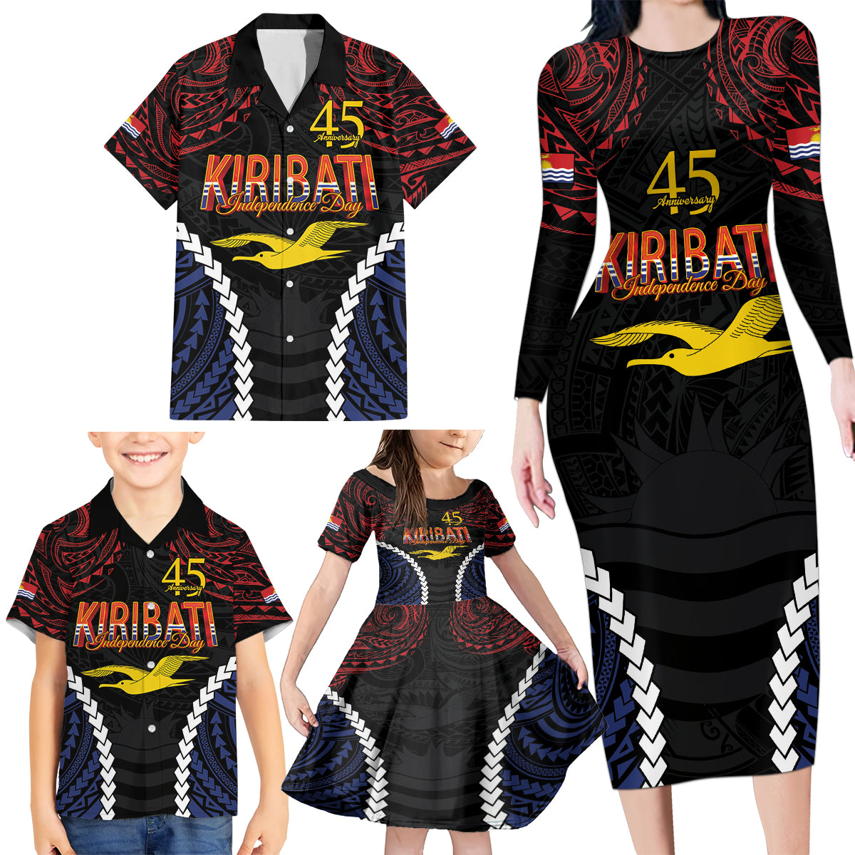Kiribati 45th Anniversary Independence Day Family Matching Long Sleeve Bodycon Dress and Hawaiian Shirt Since 1979