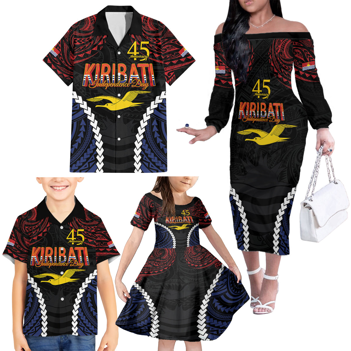 Kiribati 45th Anniversary Independence Day Family Matching Off The Shoulder Long Sleeve Dress and Hawaiian Shirt Since 1979