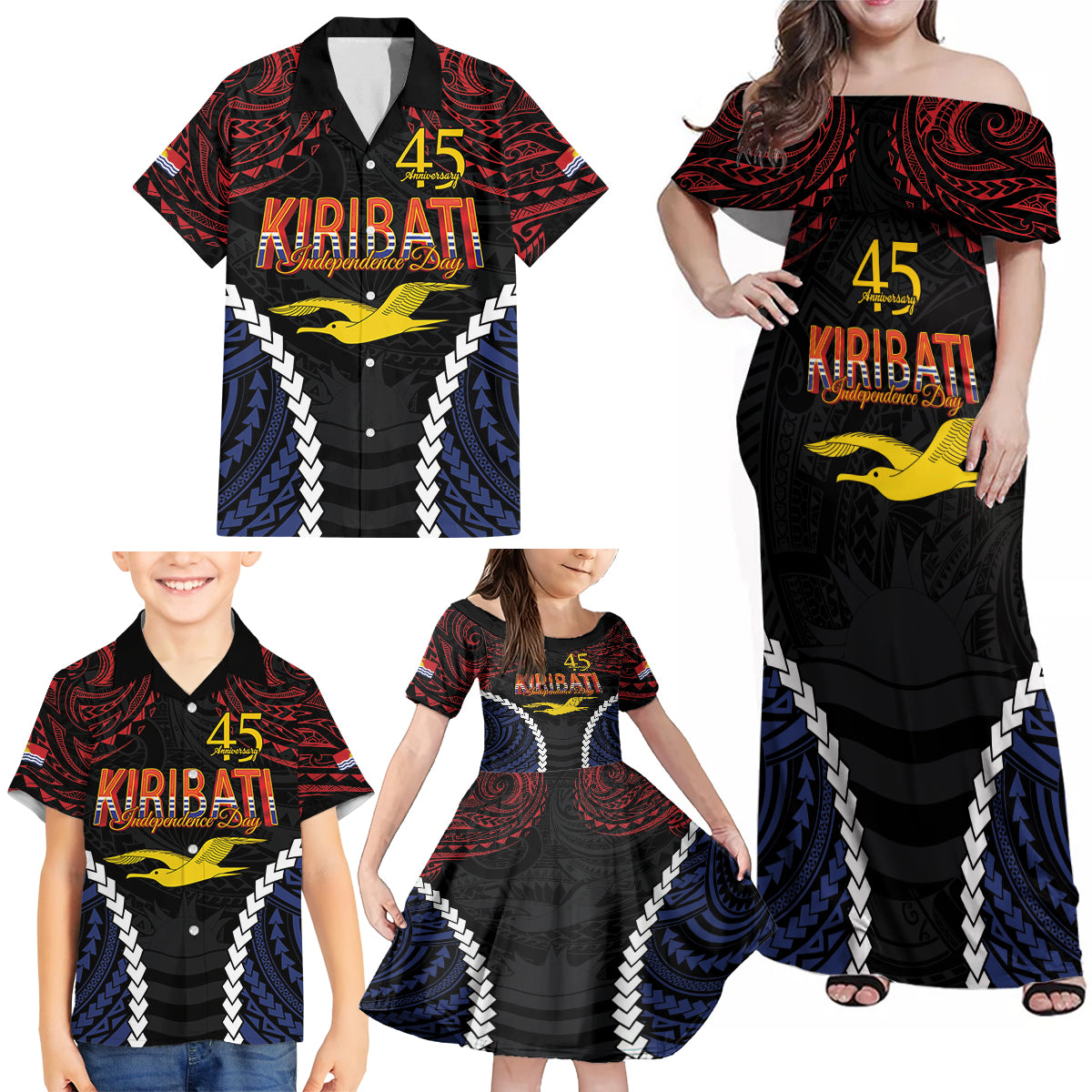Kiribati 45th Anniversary Independence Day Family Matching Off Shoulder Maxi Dress and Hawaiian Shirt Since 1979