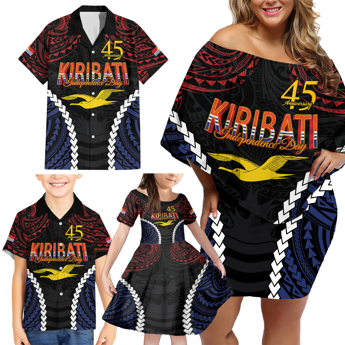 Kiribati 45th Anniversary Independence Day Family Matching Off Shoulder Short Dress and Hawaiian Shirt Since 1979