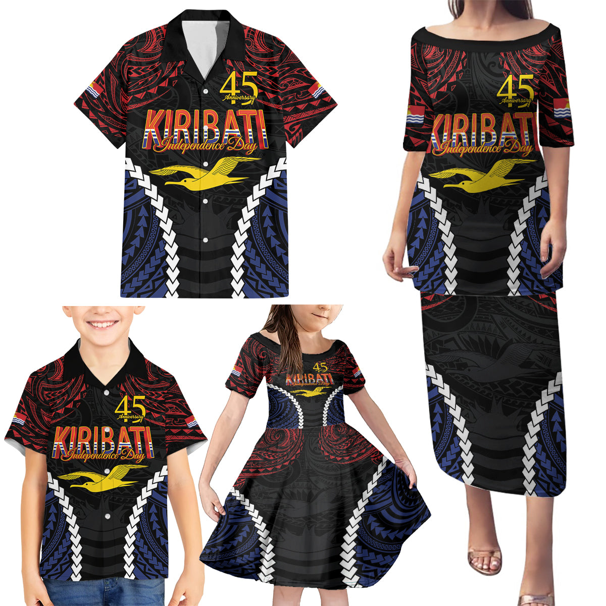 Kiribati 45th Anniversary Independence Day Family Matching Puletasi and Hawaiian Shirt Since 1979