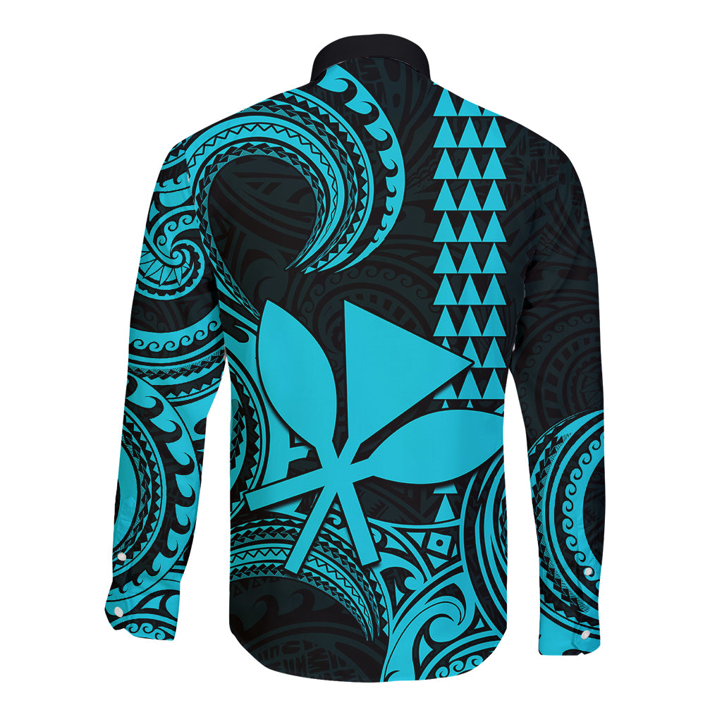 Custom King Kamehameha Day Hawaii Long Sleeve Button Shirt Paradise of the Pacific Tribal Kakau - Aqua LT9 - Polynesian Pride