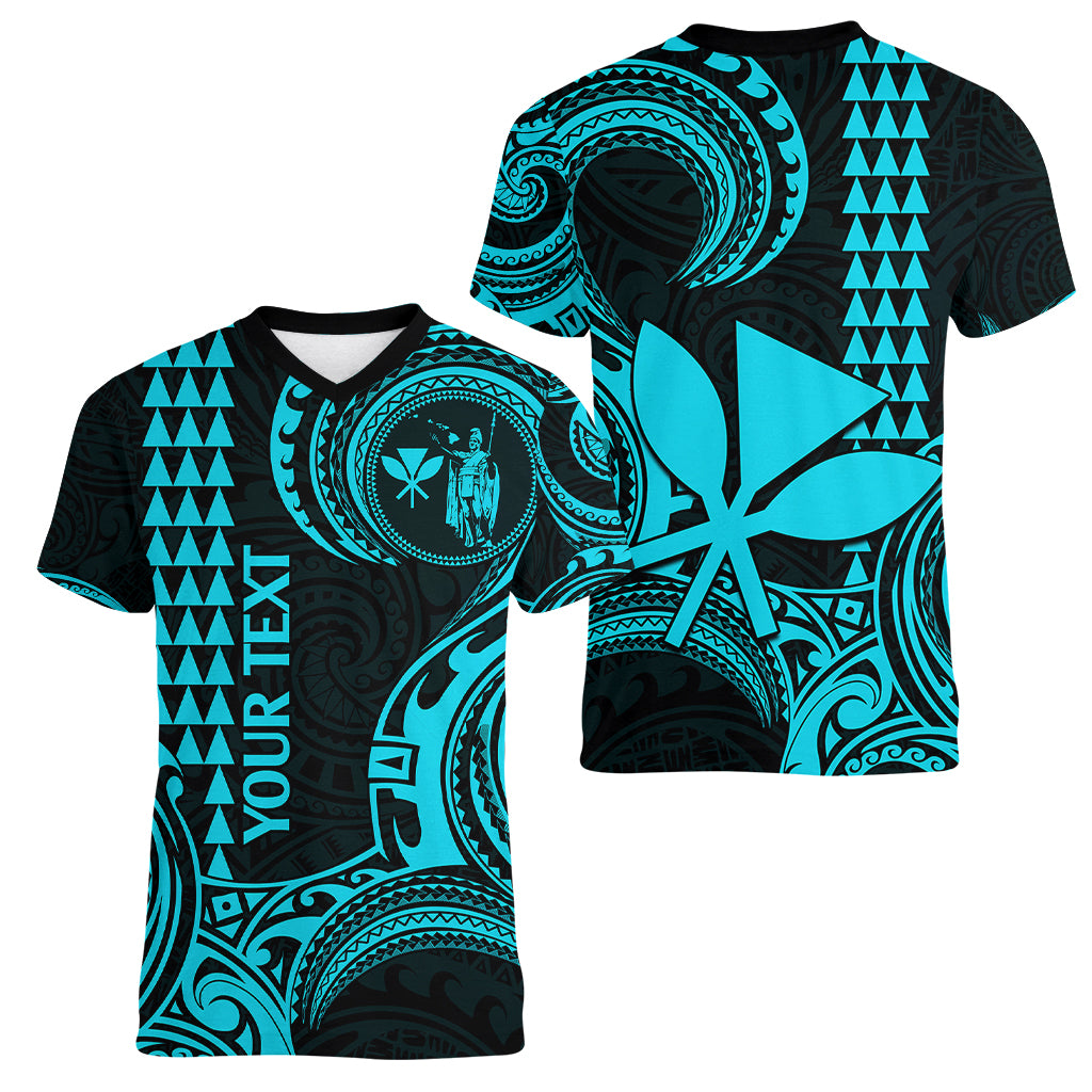 Custom King Kamehameha Day Hawaii Women V Neck T Shirt Paradise of the Pacific Tribal Kakau - Aqua LT9 - Polynesian Pride