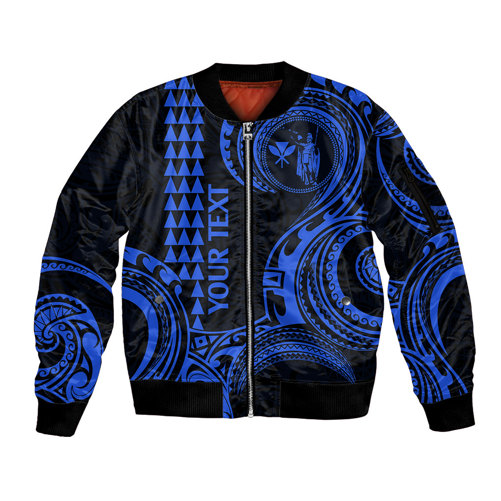 Custom King Kamehameha Day Hawaii Sleeve Zip Bomber Jacket Paradise of the Pacific Tribal Kakau - Blue LT9 Unisex Blue - Polynesian Pride