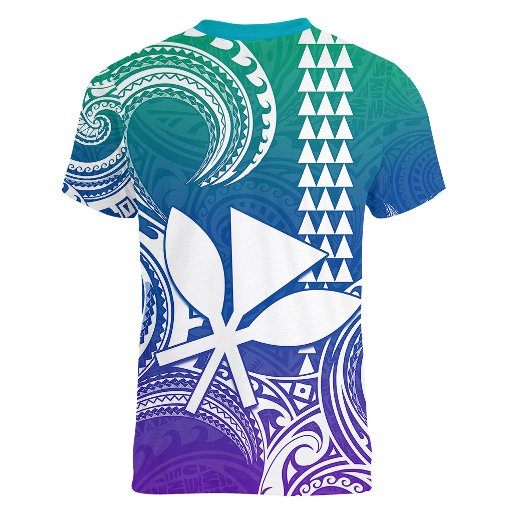 Custom King Kamehameha Day Hawaii Women V Neck T Shirt Paradise of the Pacific Tribal Kakau - Gradient LT9 - Polynesian Pride