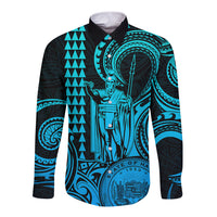 King Kamehameha Day Hawaii Long Sleeve Button Shirt Paradise of the Pacific Tribal Kakau with Kanaka Maoli - Aqua LT9 Unisex Aqua - Polynesian Pride