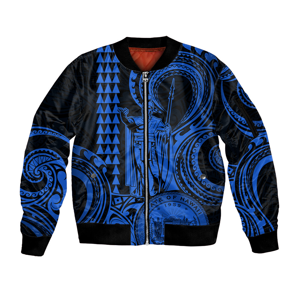 King Kamehameha Day Hawaii Sleeve Zip Bomber Jacket Paradise of the Pacific Tribal Kakau with Kanaka Maoli - Blue LT9 Unisex Blue - Polynesian Pride