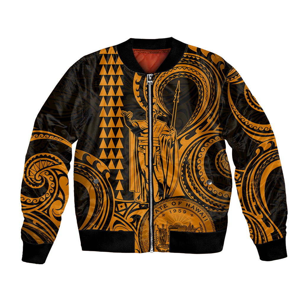 King Kamehameha Day Hawaii Bomber Jacket Paradise of the Pacific Tribal Kakau with Kanaka Maoli - Gold LT9 Unisex Gold - Polynesian Pride