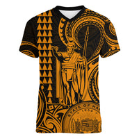 King Kamehameha Day Hawaii Women V Neck T Shirt Paradise of the Pacific Tribal Kakau with Kanaka Maoli - Gold LT9 Female Gold - Polynesian Pride