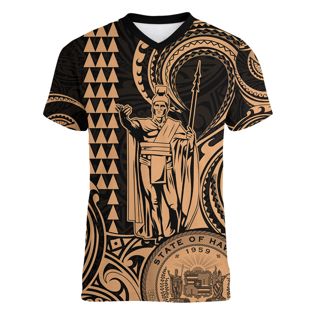 King Kamehameha Day Hawaii Women V Neck T Shirt Paradise of the Pacific Tribal Kakau with Kanaka Maoli - Nude LT9 Female Nude - Polynesian Pride