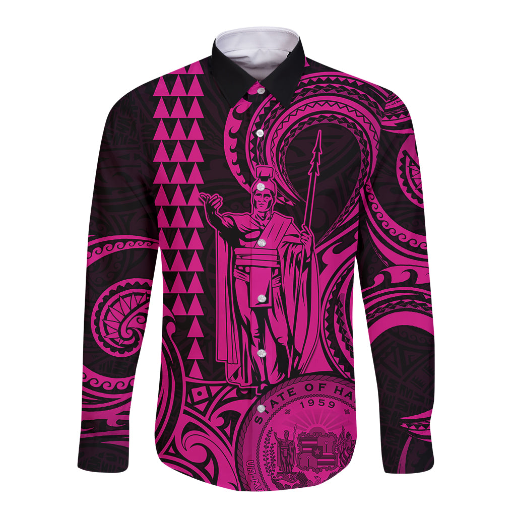King Kamehameha Day Hawaii Long Sleeve Button Shirt Paradise of the Pacific Tribal Kakau with Kanaka Maoli - Pink LT9 Unisex Pink - Polynesian Pride