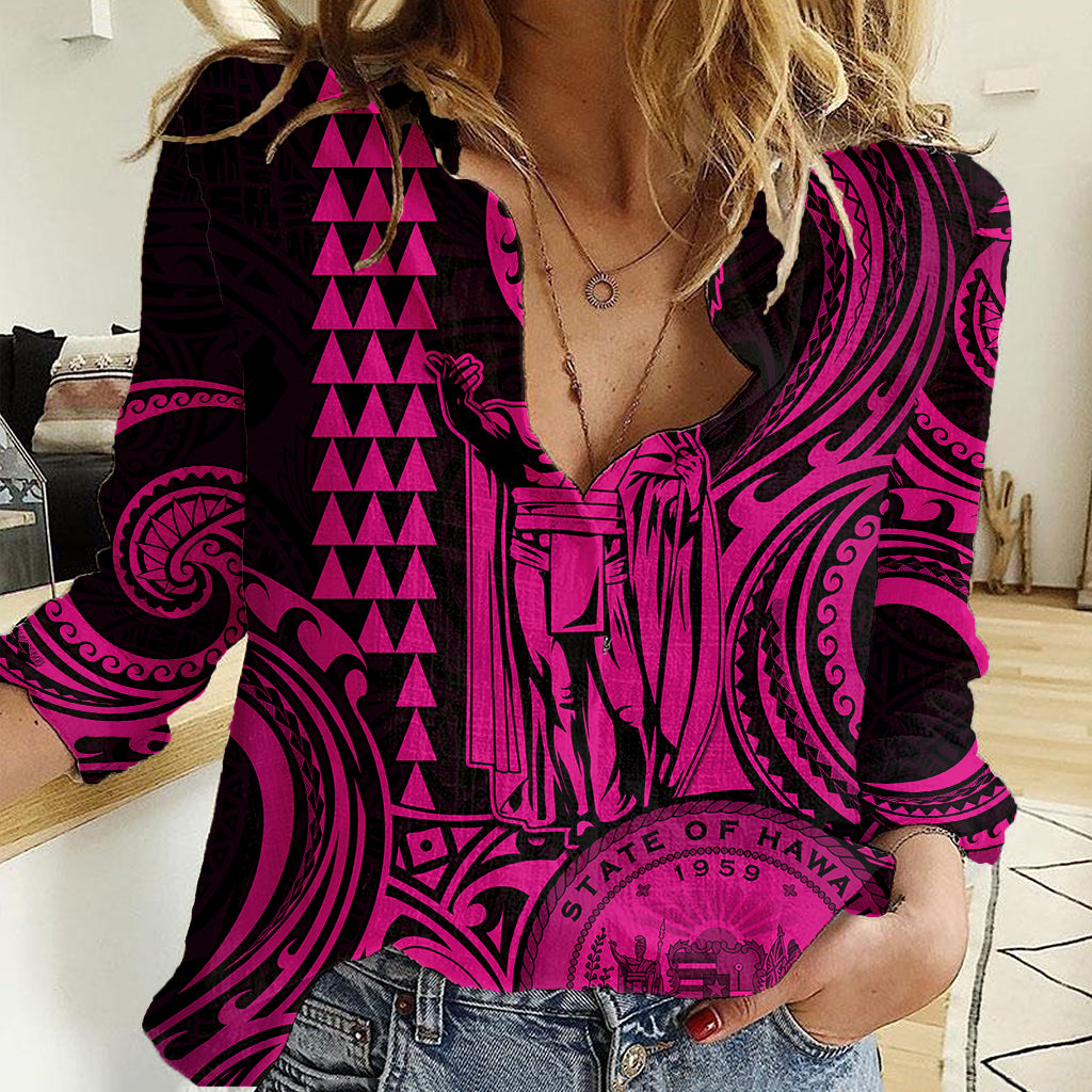 King Kamehameha Day Hawaii Women Casual Shirt Paradise of the Pacific Tribal Kakau with Kanaka Maoli - Pink LT9 Female Pink - Polynesian Pride