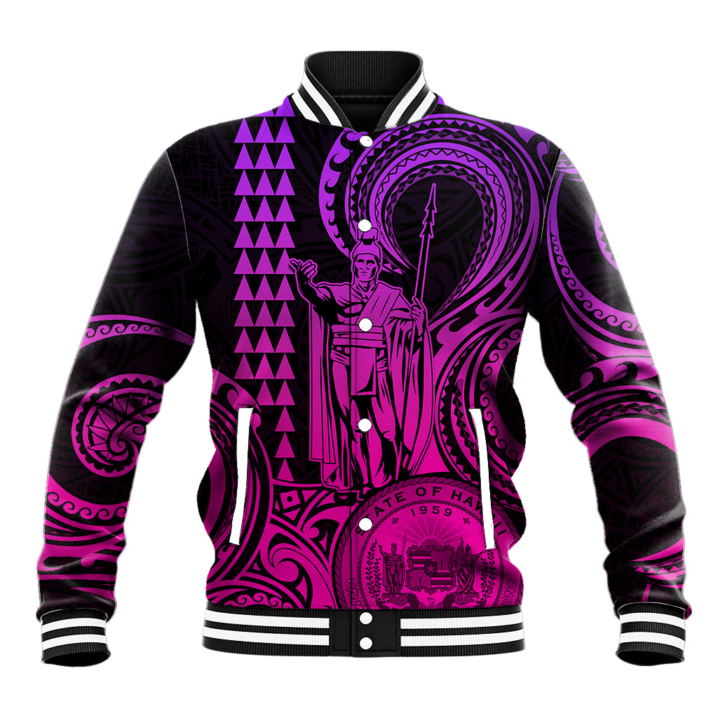 King Kamehameha Day Hawaii Baseball Jacket Paradise of the Pacific Tribal Kakau with Kanaka Maoli - Pink Gradient LT9 Unisex Pink Gradient - Polynesian Pride