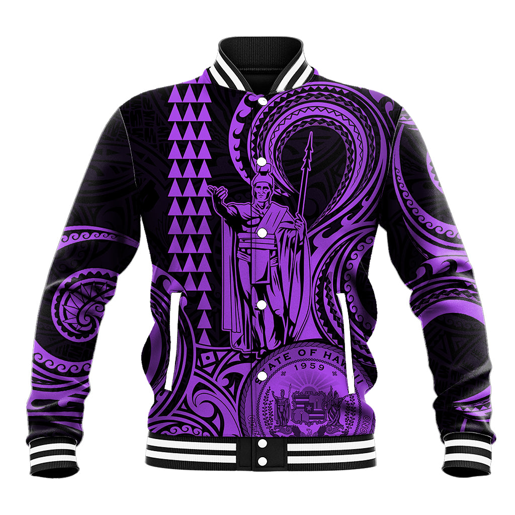 King Kamehameha Day Hawaii Baseball Jacket Paradise of the Pacific Tribal Kakau with Kanaka Maoli - Purple LT9 Unisex Purple - Polynesian Pride