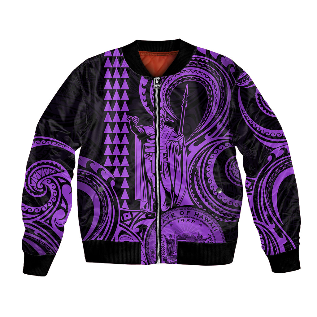 King Kamehameha Day Hawaii Bomber Jacket Paradise of the Pacific Tribal Kakau with Kanaka Maoli - Purple LT9 Unisex Purple - Polynesian Pride