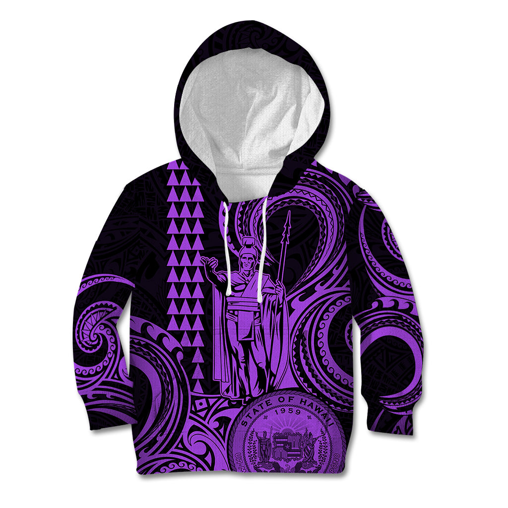 King Kamehameha Day Hawaii Kid Hoodie Paradise of the Pacific Tribal Kakau with Kanaka Maoli - Purple LT9 Purple - Polynesian Pride