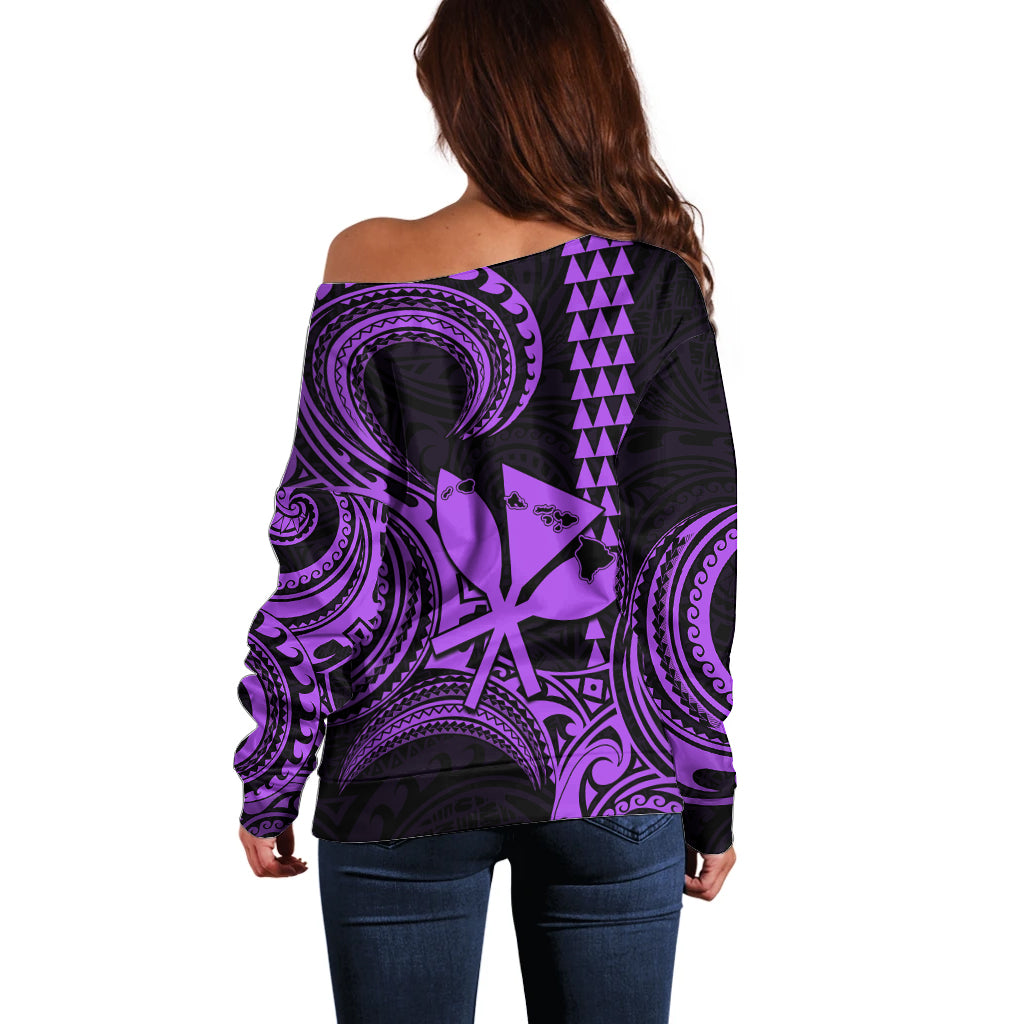 King Kamehameha Day Hawaii Off Shoulder Sweater Paradise of the Pacific Tribal Kakau with Kanaka Maoli - Purple LT9 - Polynesian Pride
