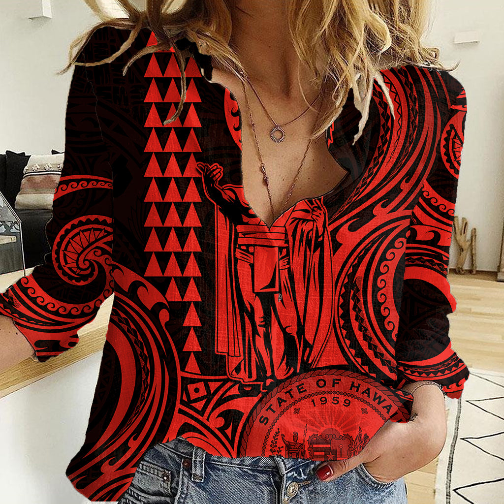 King Kamehameha Day Hawaii Women Casual Shirt Paradise of the Pacific Tribal Kakau with Kanaka Maoli - Red LT9 Female Red - Polynesian Pride