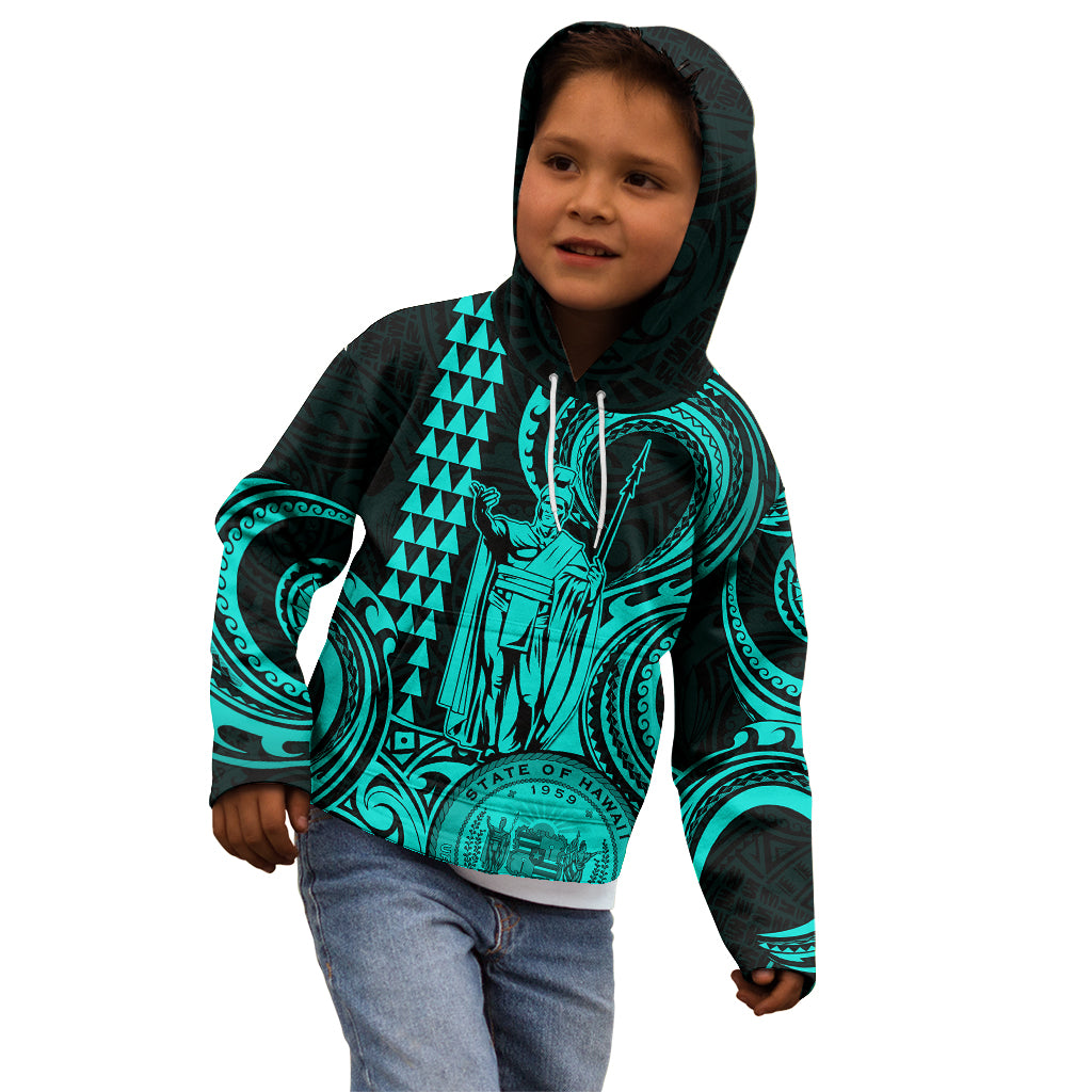 King Kamehameha Day Hawaii Kid Hoodie Paradise of the Pacific Tribal Kakau with Kanaka Maoli - Turquoise LT9 - Polynesian Pride
