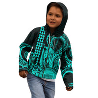 King Kamehameha Day Hawaii Kid Hoodie Paradise of the Pacific Tribal Kakau with Kanaka Maoli - Turquoise LT9 - Polynesian Pride