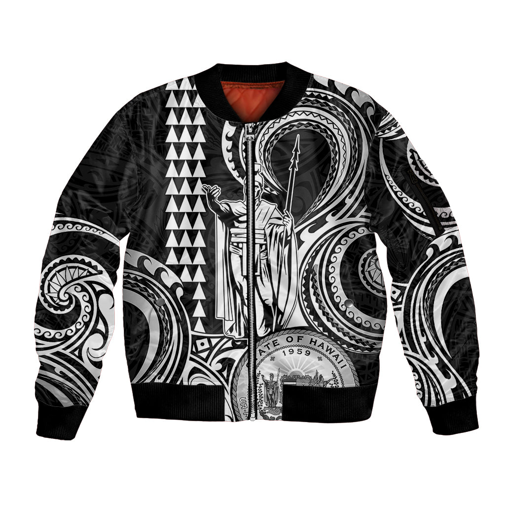Custom King Kamehameha Day Hawaii Sleeve Zip Bomber Jacket Paradise of the Pacific Tribal Kakau with Kanaka Maoli - White LT9 Unisex White - Polynesian Pride
