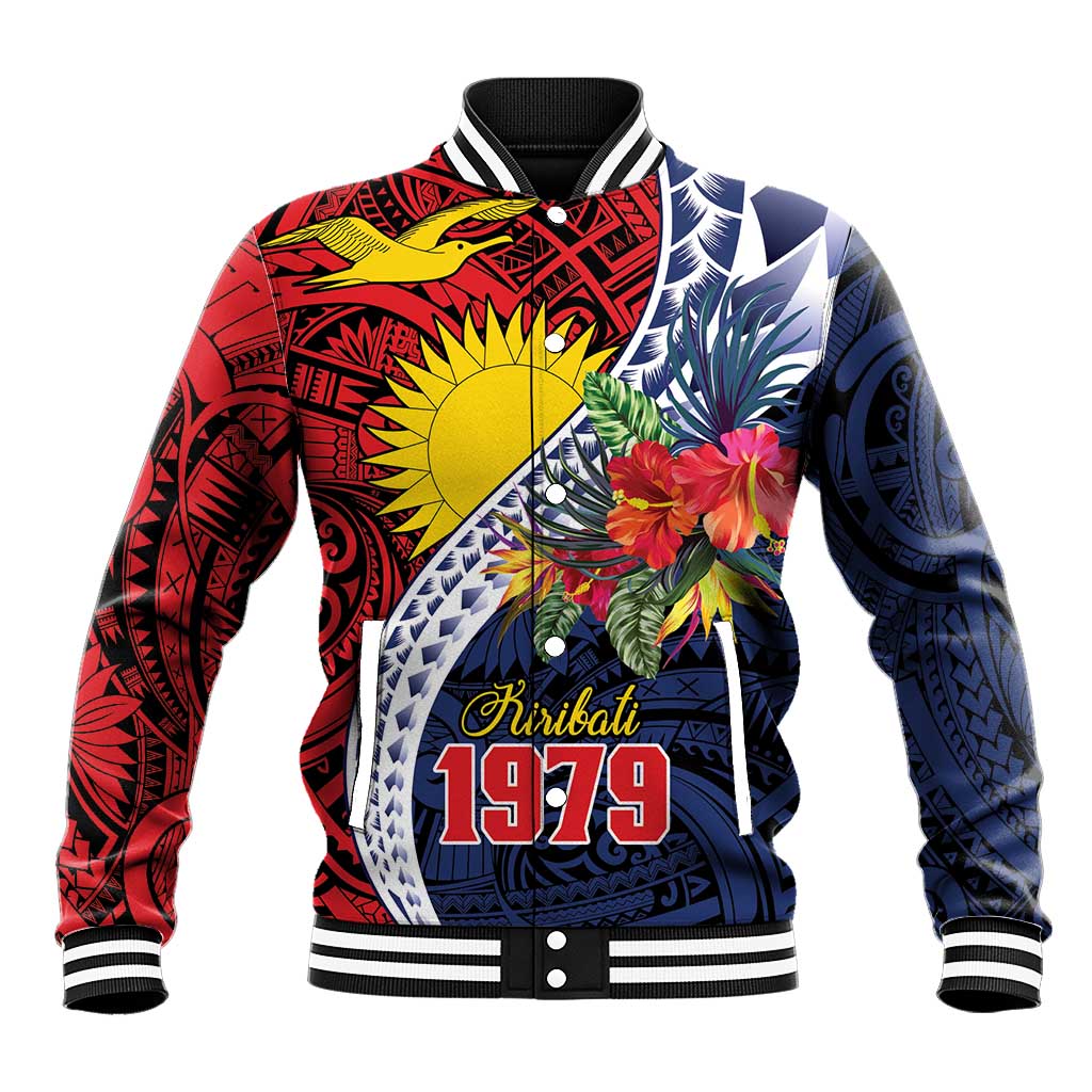 Flag of Kiribati Polynesian Pattern Baseball Jacket Est 1979 With Tropical Flowers