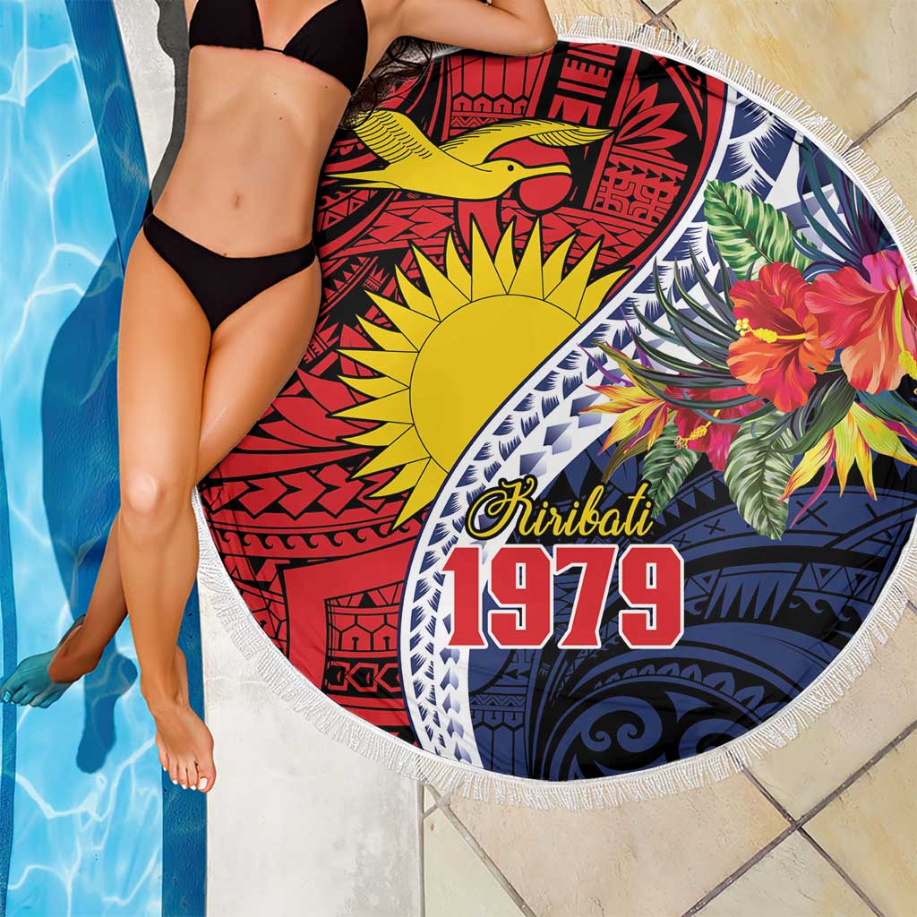 Flag of Kiribati Polynesian Pattern Beach Blanket Est 1979 With Tropical Flowers